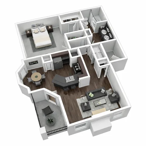 Modern 3D apartment floor plan featuring one bedroom, spacious open-concept living and kitchen area, stylish dining space, and a luxurious bathroom layout.
