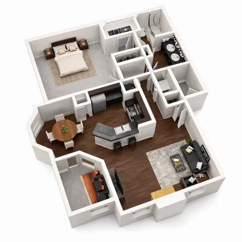 Chic 3D floor plan featuring a spacious bedroom, modern kitchen with island, and cozy living room, ideal for stylish living.