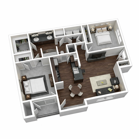 Modern 3D floor plan showcasing a spacious 2-bedroom apartment with a sleek open-concept kitchen, elegant living area, and luxurious double vanity bathroom.