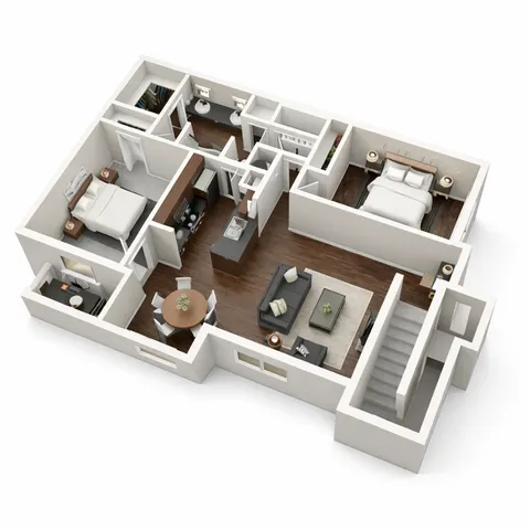 Elegant 3D floor plan of a modern apartment featuring 2 spacious bedrooms, open-concept living and dining area, stylish kitchen, and 2 bathrooms.