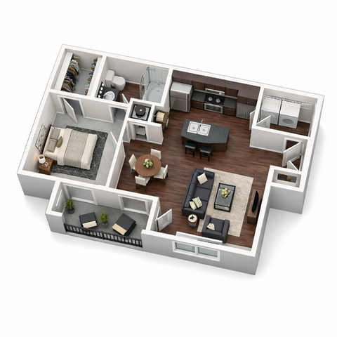 Modern 3D floor plan showcasing a cozy 1-bedroom apartment with a spacious living area, sleek open kitchen, and a stylish balcony view.