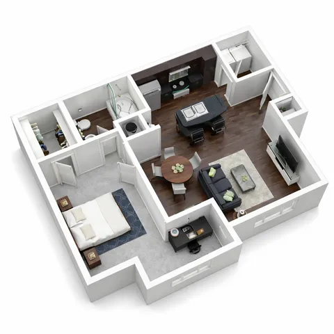 Modern 3D floor plan showcasing a spacious one-bedroom apartment with an open-concept kitchen and living area, stylish bathroom, and cozy workspace.