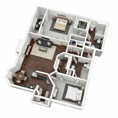 Elegant 3D floor plan showcasing 2 spacious bedrooms, open-concept living area, modern kitchen, and 2 bathrooms with stylish interiors.