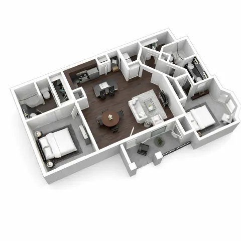 Contemporary 3D floor plan highlighting 2 cozy bedrooms, a stylish living area, and a modern kitchen with dark wood flooring.