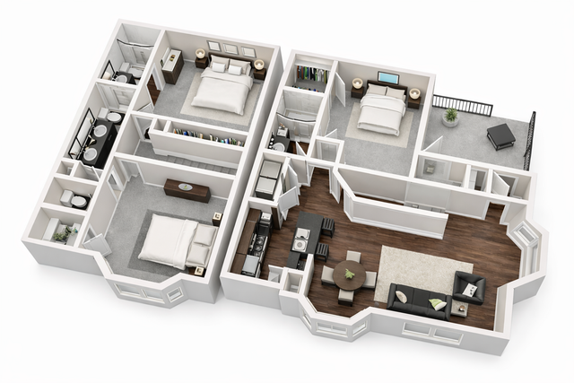 Chic 3D floor plan showcasing 3 bedrooms, modern kitchen, inviting living room, and a cozy balcony space.