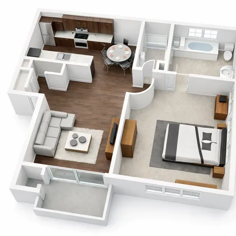 Modern 1-bedroom apartment floor plan featuring an open-concept living area, sleek kitchen, and spacious bathroom, ideal for stylish urban living.