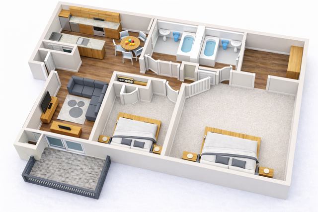 Chic 3D floor plan showcasing 2 spacious bedrooms, modern kitchen, cozy living area, dual bathrooms, and a charming balcony.