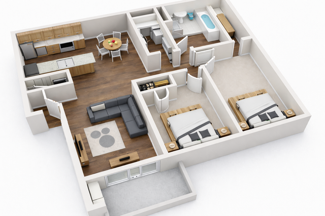Inviting 3D floor plan with two cozy bedrooms, a modern kitchen with an island, open living space, and elegant laminate flooring.