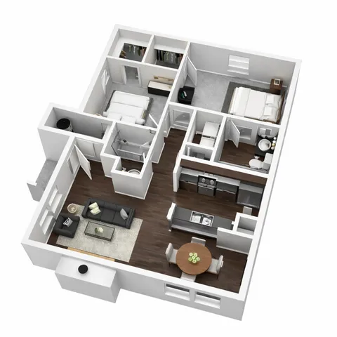 Modern 3D floor plan featuring two cozy bedrooms, a sleek open-concept kitchen, and a stylish living and dining area with wooden flooring.