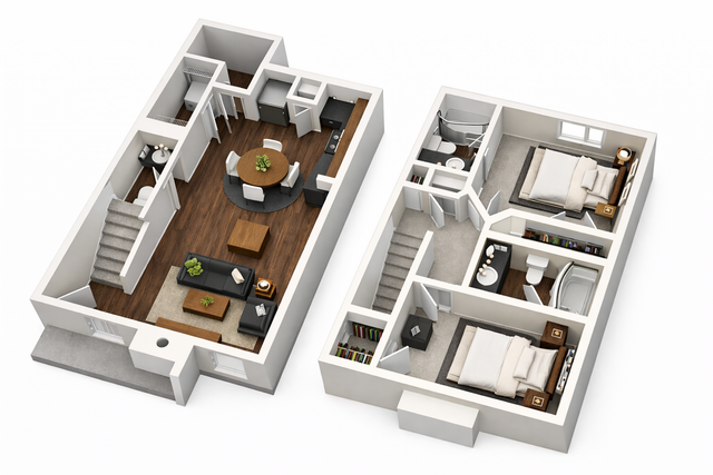 Chic 3D floor plan showcasing a duplex apartment with a cozy living area, modern kitchen, and two elegant bedrooms upstairs.