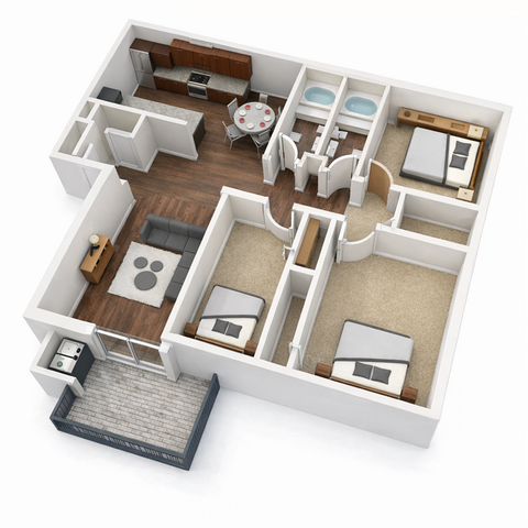 Modern 3D floor plan showcasing two-bedroom apartment with open kitchen, cozy living room, and private balcony.