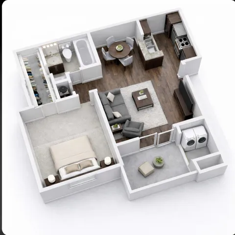 Modern 3D floor plan showcasing a cozy one-bedroom apartment with a stylish kitchen, inviting living area, and convenient laundry space.