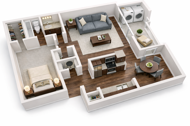 Chic 3D apartment layout showcasing a cozy living room, elegant kitchen, inviting bedroom, and convenient laundry area.