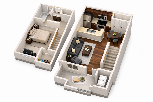 Modern two-level 3D floor plan featuring a cozy bedroom, inviting living area, and sleek kitchen with dining space.