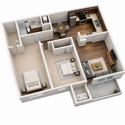 Modern floor plan showcasing 1 bedroom, spacious open-concept kitchen with dining area, cozy living room, and balcony access.