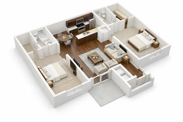 Modern 3D floor plan of a luxurious apartment showcasing two spacious bedrooms, a chic open-plan kitchen, stylish living area, and two elegant bathrooms, perfect for contemporary living.