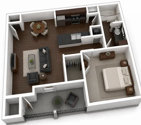 Modern 3D floor plan showcasing an elegant apartment with a spacious bedroom, open-concept living and dining area, sleek kitchen with island, and a cozy bathroom.
