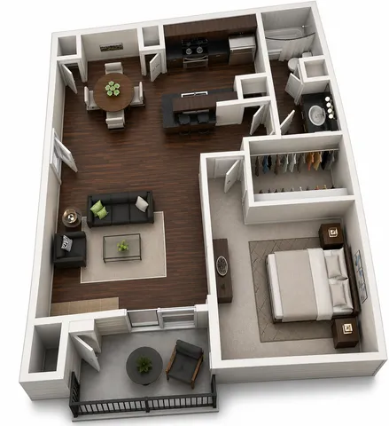 Sophisticated 3D floor plan with a cozy bedroom suite, open-concept living and dining area, modern kitchen with island, and a private balcony retreat.