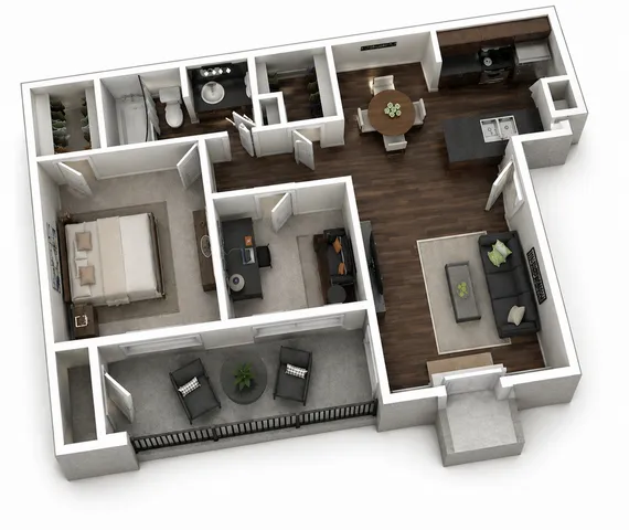 Modern 3D floor plan showcasing a spacious one-bedroom apartment with an inviting living area, elegant office space, and a stylish kitchen with dark wood flooring.