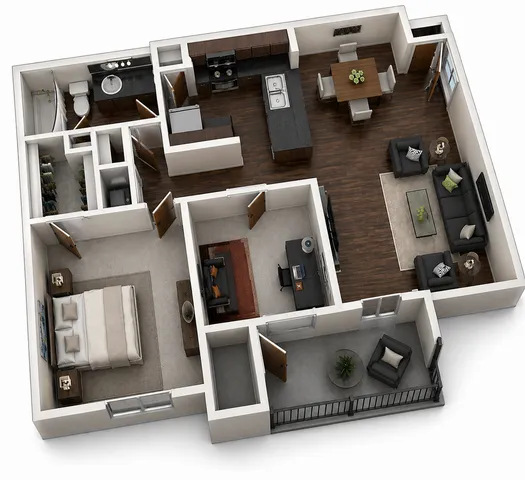 Modern 3D floor plan showcasing a spacious 1-bedroom apartment with open-concept living and dining area, sleek kitchen, cozy balcony, and stylish bathroom.