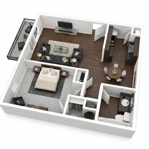 Charming 3D floor plan featuring a luxurious bedroom, spacious living area with dark wooden flooring, modern kitchen, and private balcony.