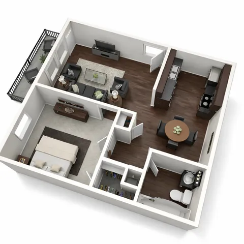 Modern 3D floor plan featuring 1 bedroom, a cozy living room, stylish kitchen, and a spacious balcony.