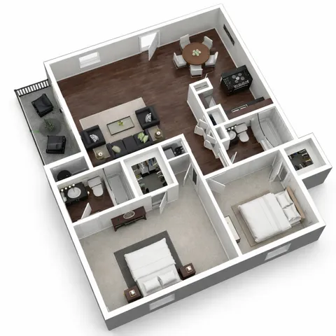 Elegant 3D floor plan showcasing a modern open-concept design with two bedrooms, a spacious living room, and a stylish kitchen, featuring hardwood flooring and a cozy balcony.