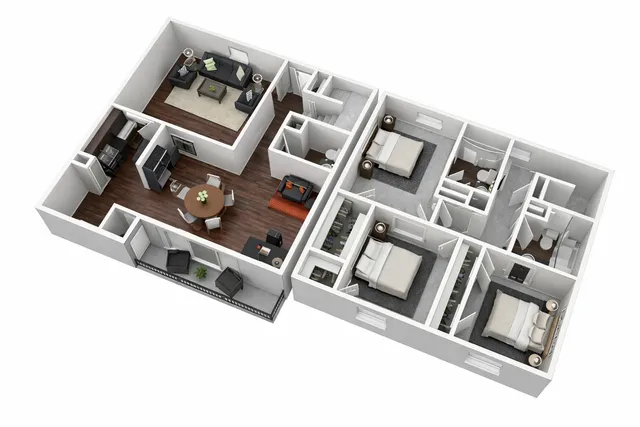 Chic 3D floor plan showcasing 3 bedrooms, modern kitchen, inviting living room, and private balcony.