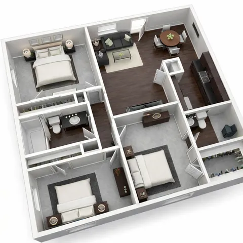 Chic 3D floor plan showcasing a modern two-bedroom apartment with a spacious open-concept living area, sleek kitchen, and two elegant bathrooms.