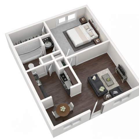 Modern 3D floor plan showcasing a single-bedroom apartment with open living and dining area, elegant kitchen, and spacious bathroom.