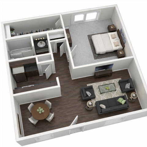 Modern 3D floor plan featuring a spacious bedroom, open living room, and elegant kitchen with hardwood flooring.