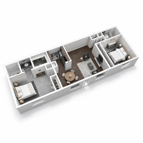 Modern 3D floor plan featuring 2 spacious bedrooms, a stylish living area, and an elegant kitchen, perfect for comfortable living.
