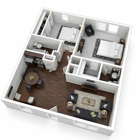 Modern 3D floor plan showcasing 2 bedrooms, a stylish open dining area, and inviting living room with hardwood floors.