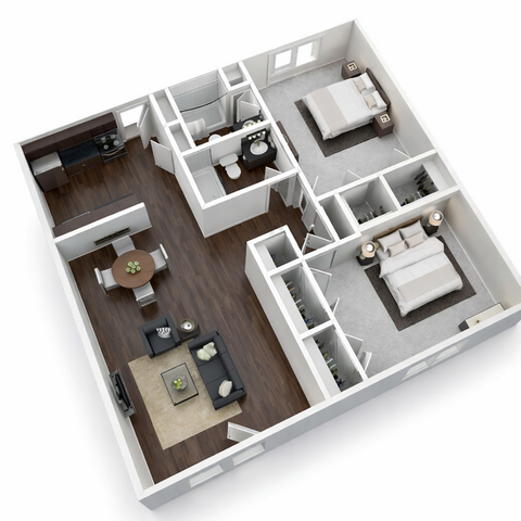 Modern 3D apartment floor plan showcasing 2 cozy bedrooms, elegant open-concept living and dining area, sleek kitchen, and a well-appointed bathroom.