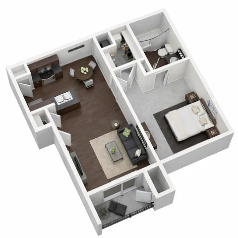 Contemporary 3D floor plan of a one-bedroom apartment featuring an inviting open-concept kitchen and living area, modern bathroom, and cozy bedroom.
