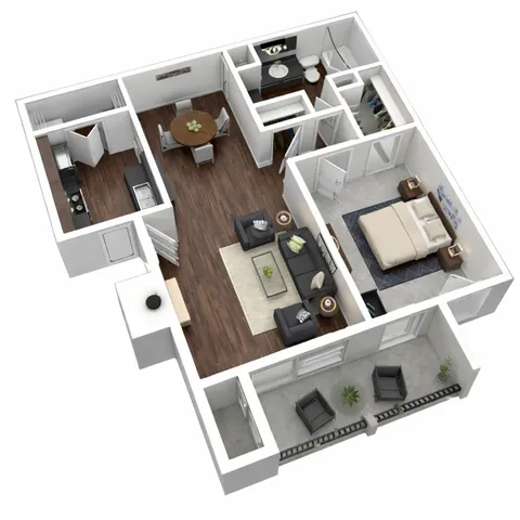 Modern 3D floor plan featuring a spacious bedroom, stylish living room, and contemporary kitchen with adjacent dining area. Includes sleek balcony space for relaxation.