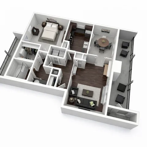 Elegant 3D floor plan showcasing a modern apartment with one spacious bedroom, inviting living room, sleek kitchen, and stylish dining area, complemented by a private balcony.