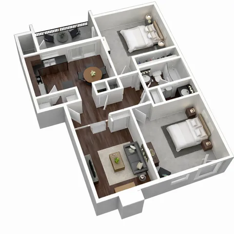 Elegant 3D floor plan showcasing two bedrooms, a cozy living area, a modern kitchen with dining space, and a private balcony.