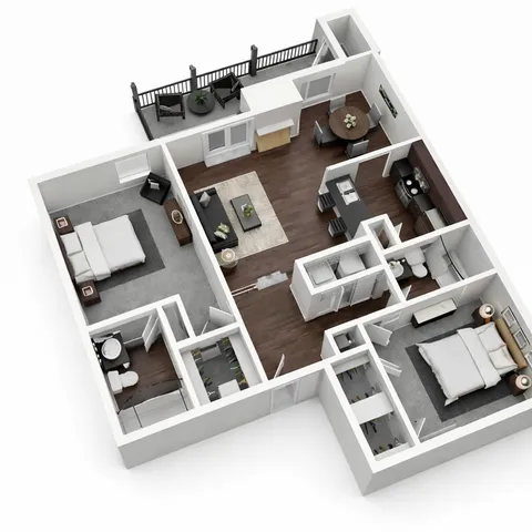 Elegant 3D floor plan featuring two spacious bedrooms, a modern kitchen, open-concept living area, and a stylish balcony for relaxation.