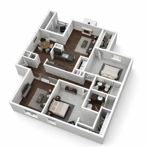 Sophisticated 3D floor plan featuring two cozy bedrooms, a modern kitchen, stylish open-concept living area, and a chic dining space.