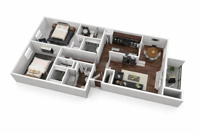 Elegant 3D floor plan showcasing two spacious bedrooms, a modern kitchen, cozy living area, and a stylish dining space, perfect for contemporary living.