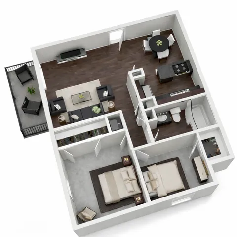 Modern 3D floor plan showcasing a spacious 2-bedroom apartment with an open-concept living area, elegant dining space, and private balcony.