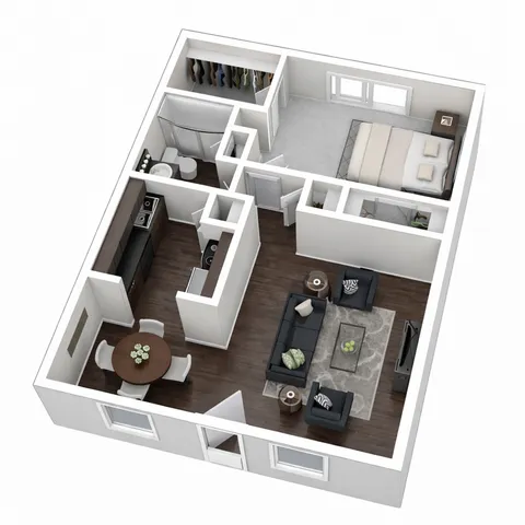 Modern 3D floor plan showcasing a spacious one-bedroom layout with an open-concept living room and kitchen, featuring elegant wood flooring and sleek furnishings.