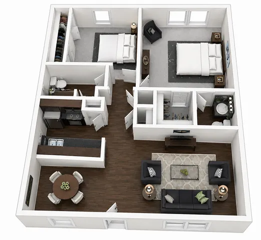 Modern apartment 3D floor plan showcasing two bedrooms, cozy living area, sleek kitchen, and elegant dining space.