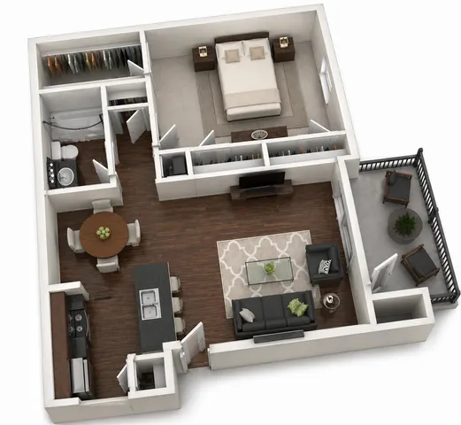 Modern floor plan displaying a spacious one-bedroom apartment with an elegant living area, open-concept kitchen, luxurious bathroom, and private balcony.