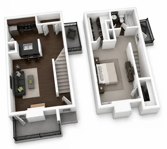 Chic and modern 3D floor plan showcasing an elegant open-concept kitchen and living area downstairs, with a spacious master bedroom suite upstairs and outdoor balconies.