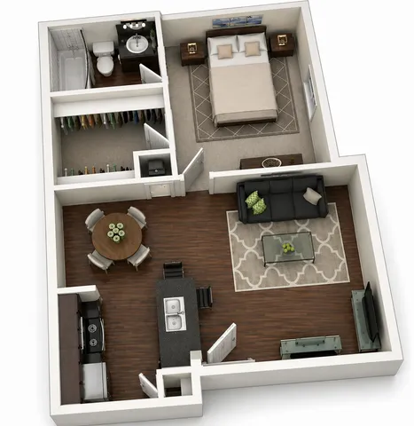 Modern one-bedroom apartment floor plan showcasing an open-concept living and dining area, stylish kitchen, spacious bedroom, and luxurious bathroom.