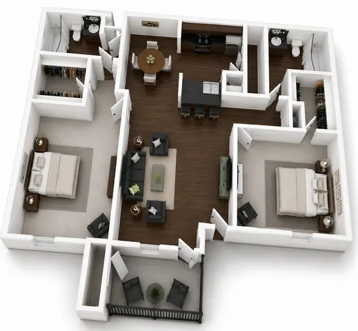 Modern 3D floor plan showcasing a luxurious apartment with 2 bedrooms, open-concept living room, sleek kitchen with island, and private balconies.