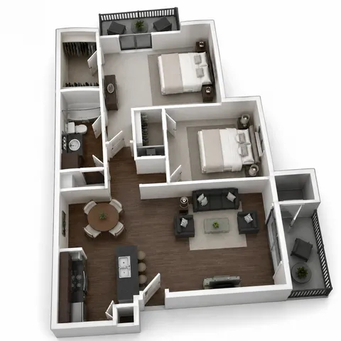 Contemporary 3D floor plan featuring two spacious bedrooms, an open-concept living and dining area, a modern kitchen with island seating, and a cozy balcony.