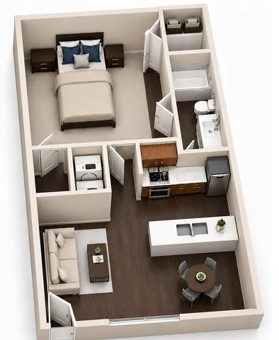 Chic 1-bedroom apartment floor plan featuring a sleek modern kitchen, cozy living area, and convenient laundry space. Ideal for stylish urban living.